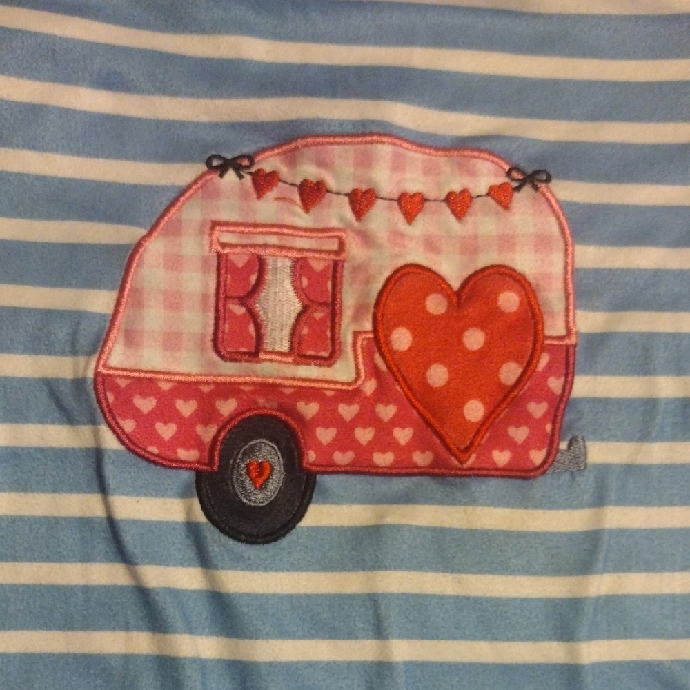 Striped Blue & White Caravan Appliqué Footie with Red Raglan Sleeves - Picture 3 of 10